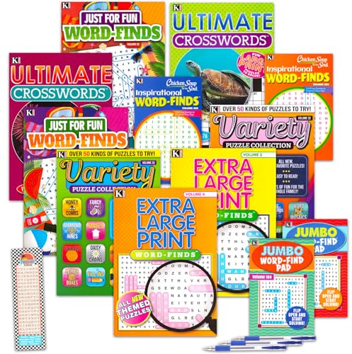 12-Pack Variety Word Search & Crossword Puzzle Book Set - Bundle 12 Big, Easy to Read Puzzles of 20,000+ Words, More | Bold Games for The Elderly