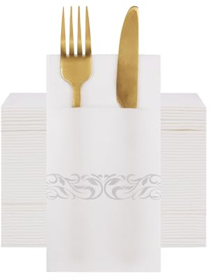 VANHEON Disposable Linen-Feel Silver Napkins with Built-in Flatware Pocket | 50 Pack, Cloth Like, Built-in Flatware Pocket, Air Laid Technology, Silver Trim Decorative, for Wedding Party, 16 x 16