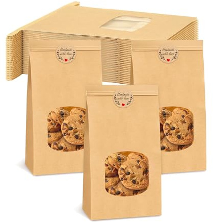 KLVGTIFS 25 Piezas Bolsas de Papel Kraft, Bolsa de Papel Kraft Marrón con Ventana Transparente, Bolsas para Hornear con Alambre de Cierre a Prueba de Aceite, Incluye 36 Pegatinas Hechas a Mano
