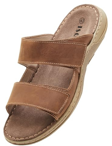 ISQFIQ Wide Fit Mens Sliders Sandals, Real Leather Walking Sandal with Adjustable Strap, Open Toe Indoor and Outdoor Mules Shoes for Summer Casual Travel Hiking Beach Trekking Fisherman