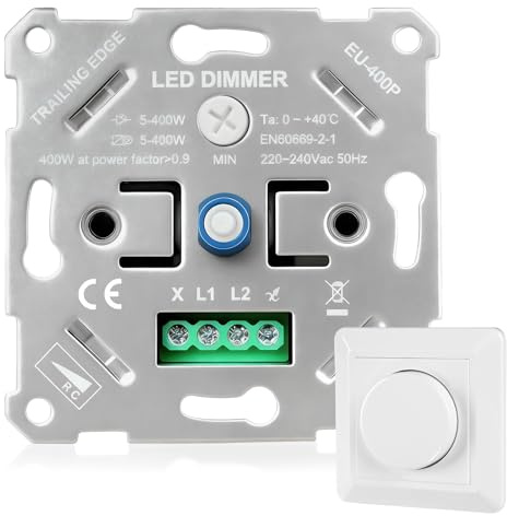Dimmer LED 220-240V, Interruttore Dimmer Rotativo per LED Dimmabili e Alogeni 5-400W - Variatore da Incasso con Piastra Bianca, Funzionamento Silenzioso