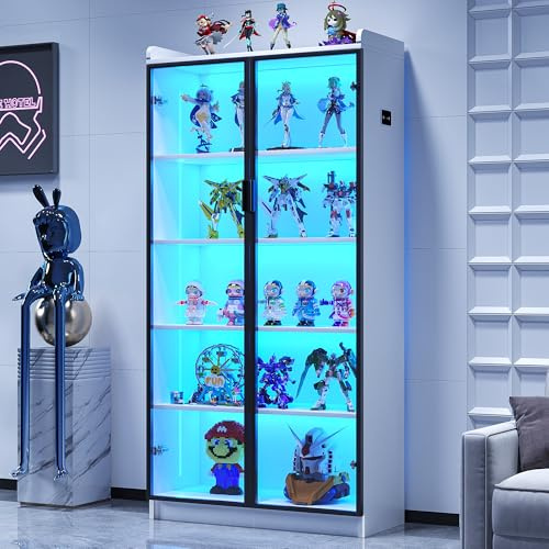 OUTDOOR DOIT Vitrina Expositora con Iluminación LED - Vitrinas para Coleccionistas,Vitrina Cristal con Sensores,5 Estantes Regulables en Altura y Puerta Acrílica para Salón,Dormitorio,Blanco