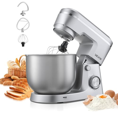 VEVOR Batidora Ajustable de Pie, Procesador de Alimentos de 1500 W para Repostería, con Bol de Acero Inoxidable, 5,7 L, Gancho para Amasar, Batidor y Varillas, 10 Velocidades, 375 x 241 x 292 mm