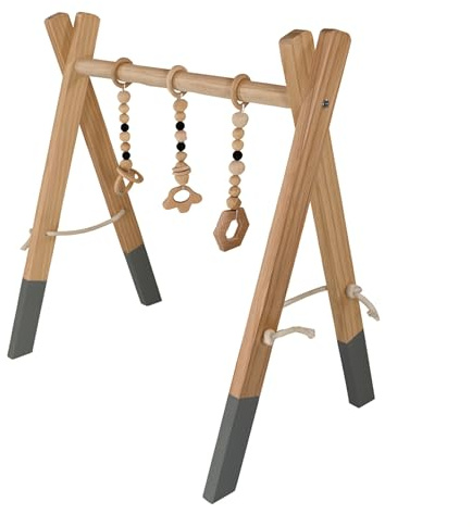 Lemodo Spielbogen Baby aus Kiefernholz Natur – Montessori Spieltrapez klappbar mit 3 Anhängern, leicht & stabil – für Neugeborene ab 0 Monaten, Kinderzimmer & Wohnzimmer, platzsparend verstaubar