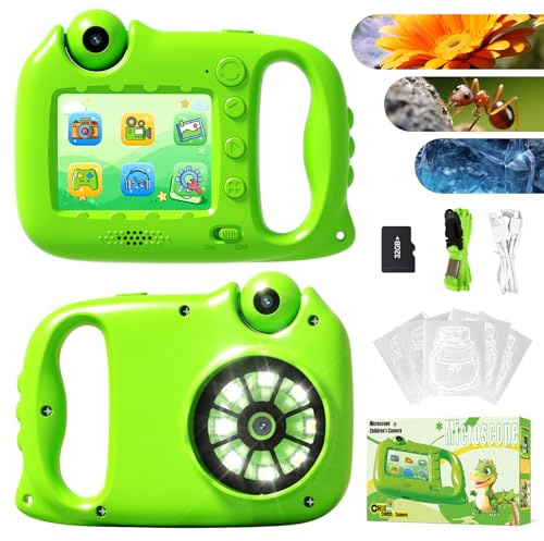 2 en 1 Cámara Infantil microscopio para niños, 1000 x 2,4 HD cámara de vídeo, Pantalla a Partir de 3 a 14 años, Regalo con Tarjeta de 32 g, Flores para Manualidades, muestras de Plantas, marcapáginas