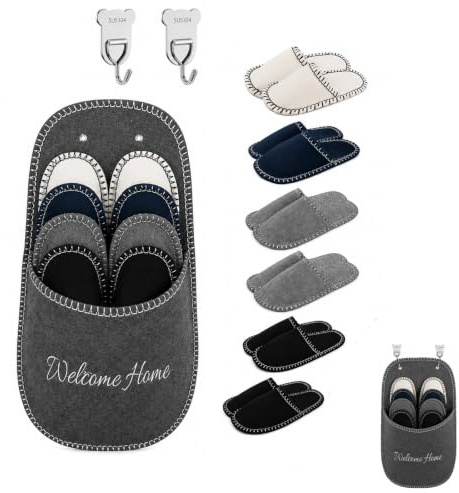 Kisstta 6 par gästtofflor, set, med krokar för män, kvinnor och barn, halkfria, unisex, högkvalitativ filt, gästtofflor, gästtofflor, filttofflor för hem, resor och hotell