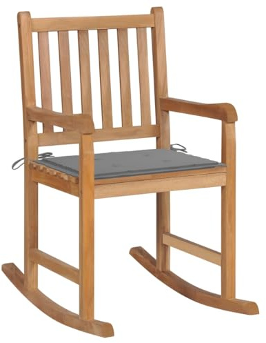 Drainlyn gungstol av massivt teak med grå kudde, väderbeständig, vikbar, perfekt som trädgårdsstol, balkongstol och terrassstol, bekväm för utomhusbruk
