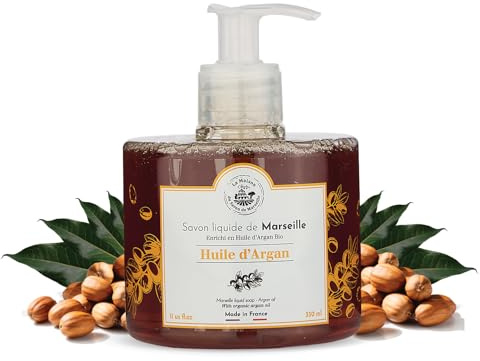 Savon Liquide de Marseille Huile d'Argan BIO – 330 ml – Enrichi en Huiles d'Olive & d'Argan – Savon Main & Corps Hydratant - Fabriqué en Provence