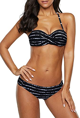 Dokotoo Bandeau Bikini Damen Push Up Zweiteilige Badeanzug Bademode Bikini Set, 03-Schwarz, M
