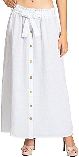 Caspar RO032 Langer Maxi Sommer Leinenrock mit Holzknöpfe Dekor, Farbe:Weiss, Größe:40