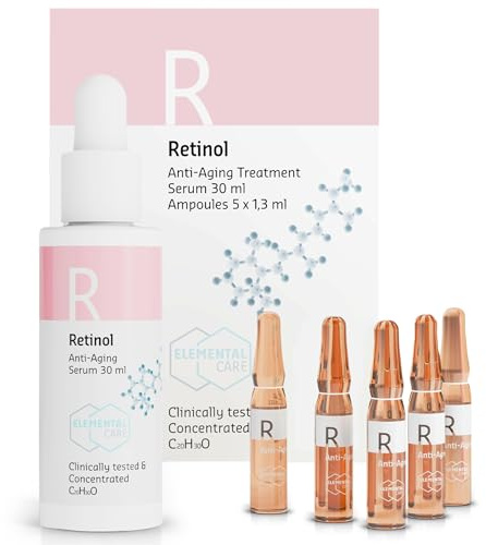 Retinol Serum hochdosiert 30ml & Ampullen 5x1.3ml - Retinol Serum hochdosiert - Reduziert Falten um 64% in 3 Monaten, Skincare Booster, Augenringe entfernen - Falten Weg Soforteffekt, Hautpflege