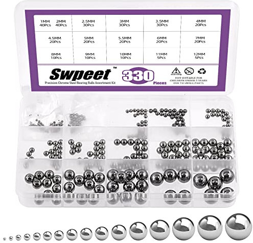 Swpeet 330Pcs 16 Size 1mm 2mm 2.5mm 3mm 3.5mm 4mm 4.5mm 5mm 5.5mm 6mm 7mm 8mm 9mm 10mm 11mm 12mm Metric Steel Loose Bicycle Bearing Steel Ball Precision Balls Assortment Kit for Bicycles Casters