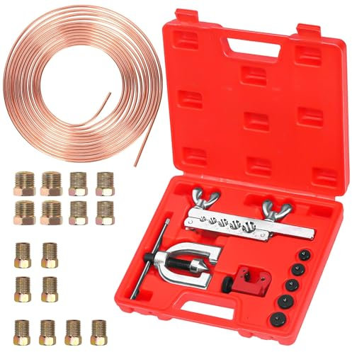 Swpeet 30Pcs in Set Copper Coated Brake Line Kit, Brake Line with Flaring Tool Kit, Includes 16 Fittings and 4 Unions, Flaring Tool Set for Single and Double Flares with 5 Adapters and Tube Cutter