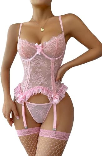 WDIRARA Women's Sexy Lingerie Set Floral Lace Garter Bustier Lingerie Set with 1Pair Fishnet Stocking Light Pink L