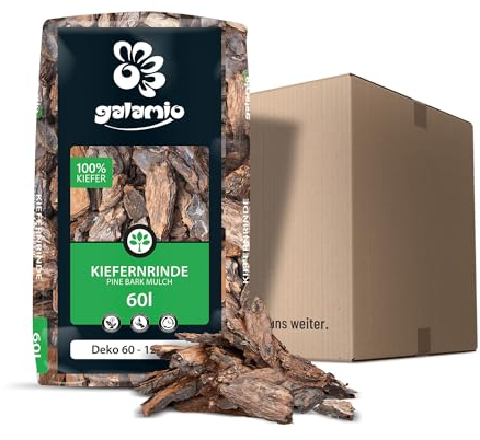 GALAMIO Kiefernrinde Kiefernmulch Rindenmulch Rinde Mulch Garten Dekor Pinus Sylvestris Natur Wald Kiefer Deko 60-120mm 60l Sack / 1 Karton Paligo