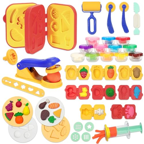 VBACALA 41 Stück Knete Set mit 12 Dosen Knetmasse, Knetwerkzeug Kinder Spielküche mit Eismaschine, Burger, Pasta, Obst & Tiere, Knete ab 3 Jahre Geschenk für Jungen & Mädchen