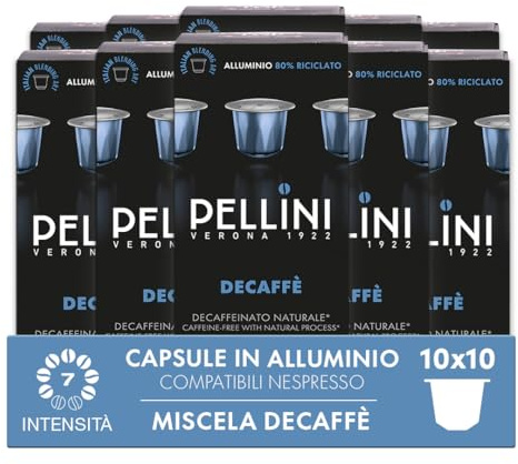 Pellini Decaffè, 100 Capsule in Alluminio Compatibili Nespresso, Miscela di Caffè Arabica e Robusta con Sentori di Frutta Secca e Fichi, 10 Confezioni da 10 Capsule