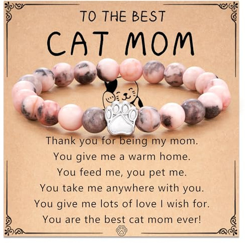 Flongo Hunde Katzen Paw Armband: pink Damen Katzenarmband Armbänder Naturstein Tigerauge Stein Beaded Stone Bracelet 8mm Geschenk für Cat Dog Lover Frauen Männer Glücksarmband Anti-Angst Schmuck