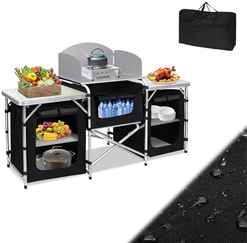 MAYTIIMO campingkök campingskåp vikbar med aluminiumram camping kök kökslåda resekök camping köksskåp utomhus skåp ink. Bärväska (174 x 46 x 110 cm)
