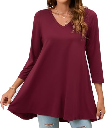 Enmain Maglietta a Maniche Lunghe 3/4 Tunica Donna Borgogna Maglia Taglie Forti Scollo V Comfort Elegante Camicia Lunga Donna per Leggings Invernale, XL