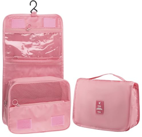 Motroce Foldable Hanging Travel Toiletry Bag,Waterproof Portable Travel Bags, Multifunction Travel Makeup Cosmetic Bag Organizer with Hanging Hook (Pink), Pink, Common
