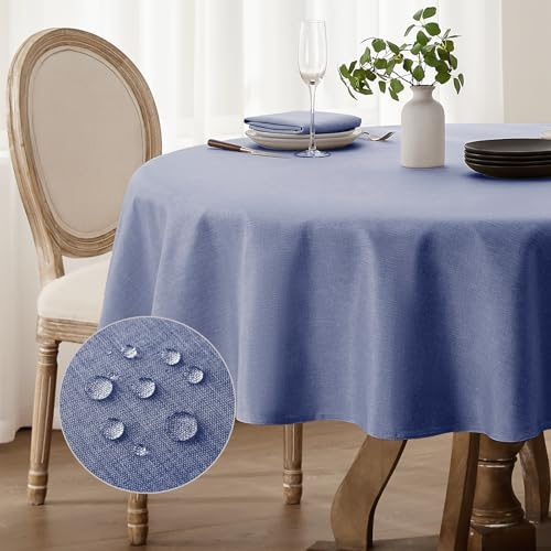 Softalker Bordsduk, blå, tvättbar, rund, 160 cm i diameter, med linneutseende, vattenavvisande, liten trädgårdsduk, för höst, utomhus, bröllop, fest och jul