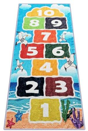Tappeti Design Playroom Rug for Kids Sky Ocean Beach Hopscotch Game Rugs, Area Rugs for Boys Girls Toddlers Bedroom Decorative Play Mat for Babies 1-6 Years (Sky Ocean Beach Hopscotch, 70 x 160 CM)