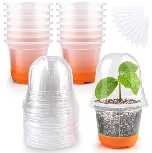 Kalolary Vasi per piante da vivaio 15P con 15 cupole per umidità, vaso trasparente da 10,2 cm con base in silicone per trapiantare facilmente vasi per piantine con 10 etichette (Arancione)