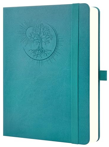 Mlife Libreta A5 con diseño del Árbol de la Vida: 360 páginas, papel de 100 g, cubierta de PU, banda elástica, portalápices y 3 marcapáginas. Ideal para trabajar, estudiar y regalar (Azul verde)