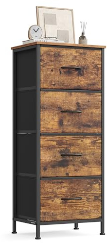 SONGMICS Chest of Drawers, 4 Fabric Drawers Storage Unit, Steel, MDF, Non-Woven Fabric, for Bedroom, Closet, Hallway, Living Room, Rustic Brown and Ink Black LGS314BH04