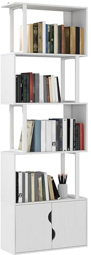 HOMCOM Libreria Scaffale a 5 Ripiani, Libreria Verticale Salvaspazio a Forma di S con Armadietto a 2 Ante, Scaffale Divisorio per Stanza, Soggiorno, Camera da Letto e Ufficio, 60x23.8x179.2cm, Bianco