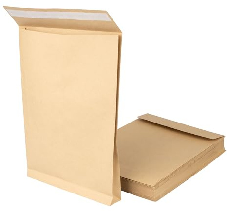 25 Stück B4 Faltentasche mit 4 cm Bodenfalte, 125 g/m² Materialstärke, Haftklebestreifen, Versandkuvert Verpackung, braune Versandtasche