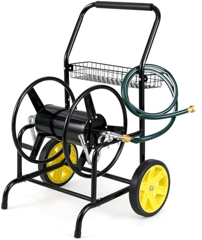 GiantexUK Garden Hose Trolley, Metal Hose Pipe Reel Cart with Wheels, Basket & Padded Handle, Holds 70m of 20mm/90m of 15mm Hose, Portable Mobile Water Hose Carts for Outdoor Lawn Yard (Black)