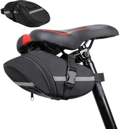 HJYIMYI Bolsa Sillin Bicicleta Carretera,21cm×9.5cm×9cm Bolsa Bicicleta Sillin,Material de Nailon,Cuenta con Tiras Reflectantes,Fáciles de Instalar,para Varias Bicicletas y Aire Libre (Color Negro)