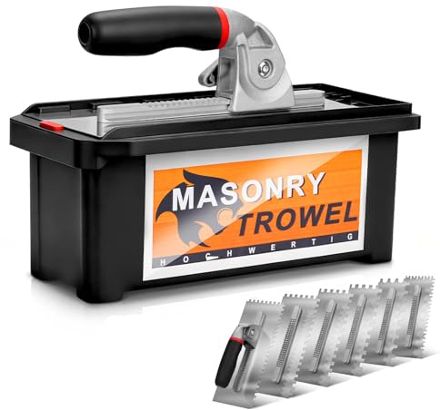 Tandslev set med avtagbart handtag – av rostfritt stål – tandspackel med växelblad (6/8/10/12 mm/U-typ/tigertyp), murslev tandad med mjukt handtag, murslev rostfri, 280 x 115 x 12 mm, systembox