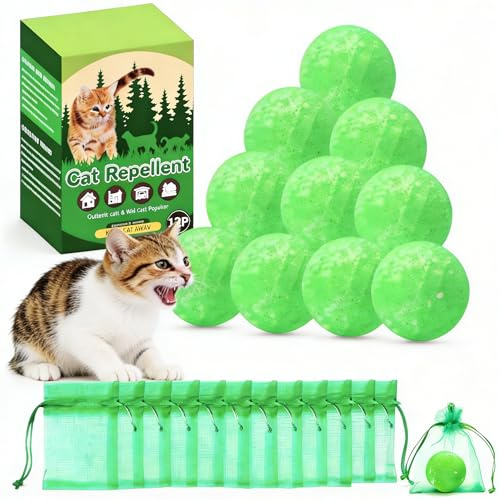 PEMOO Cat Repellent Outdoor, Natural Peppermint Oil Cat Deterrent Outdoor and Indoor, Keep Cats Out of Yard Permanently, Keep Cats Away from Garden, Lawn Plants,12 Balls with 12 Bags