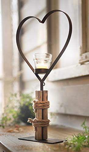 Dekoleidenschaft großes Metall-Herz mit Glas-Teelichthalter, 45 cm hoch, Sockel mit Treibholz, Hochzeitsdeko, Dekoherz, Tischdeko