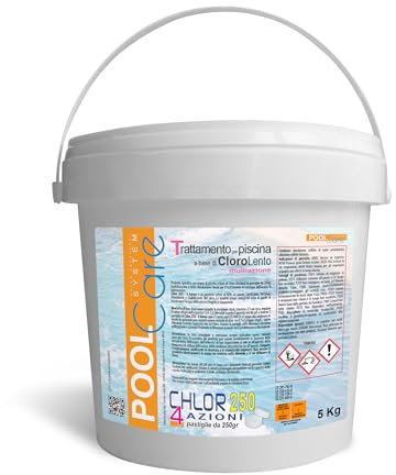 Pool Care Chlor 250 4 Azioni 5Kg. Cloro per Piscina in pastiglie da 250 gr. (tricloro 90/250) Multiazione Attivo al 90% lenta dissoluzione per Piscina