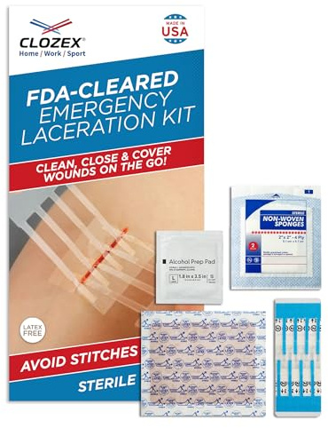 Clozex Emergency Laceration Kit - Repair Wounds Without Stitches, Skin Closure Device for a Wound Up to 1 1/2 Inches Length. Complete Kit to Clean, Close, & Cover Wounds