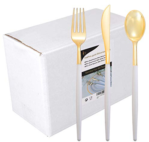 I00000 144Pcs Gold Plastic Silverware, Gold Plastic Utensils Set,Disposable Utensils Heavy Duty,Disposable Silverware Set Includes 48 Forks,48 Knives,48 Spoons for Wedding & Party