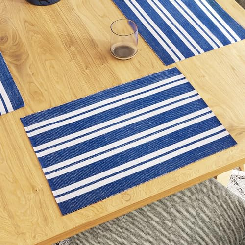 Encasa XO Juego de Manteles Individuales para Mesa de Comedor Set de 6 | Color Franca Blue Stripes | Mantel de Algodón Acanalado Fino | Tamaño 48x32 cm | Lavable a Máquina
