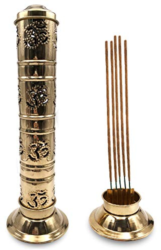 Bruciatore incenso (incensiere) simbolo Om in ottone dorato - altezza 27 cm, base 8 cm e tappo 5 cm - Peso 155 g. Porta incenso, può contenere fino a 5 bastoncini incenso.