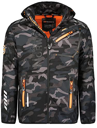 Geographical Norway ROYAUTE MEN - Giacca Softshell Impermeabile Uomo - Giubbotto Cappuccio Traspirante All'aperto - Giacca Invernale Antivento - Ideale Attività All'aperto (CAMO Nero / Arancio, L)