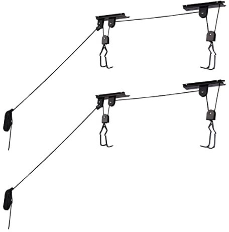 RAD Sportz Set of 2 Bike Hangers for Garage-Hoist Pulley System with 100lb Capacity-Overhead Ceiling Storage for Bicycles or Ladders, Silver