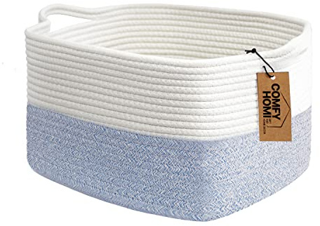 COMFY-HOMI Cotton Rope Woven Basket with Handles for shelf，Toy, Book, Cloth Storage Basket for Organizing-13.5X11X9.5 Storage Bin for Living Room, Newborn or Infant Gift for boy girl （White/blue）