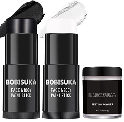 BOBISUKA Halloween Peinture Visage (Noir+Blanc) avec Poudre de Réglage, Peinture Corporelle Face Paint Stick pour Théâtre, Fêtes, Evénements Scolaires, Carnavals, Clowns, Squelettes, Zombies