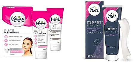Veet Kit Completo Depilazione Viso, Crema Depilatoria e Post Epilazione, 2x 50 ml + Expert Depilatoria Gambe e Corpo Pelli Normali e Sensibili, 100 ml