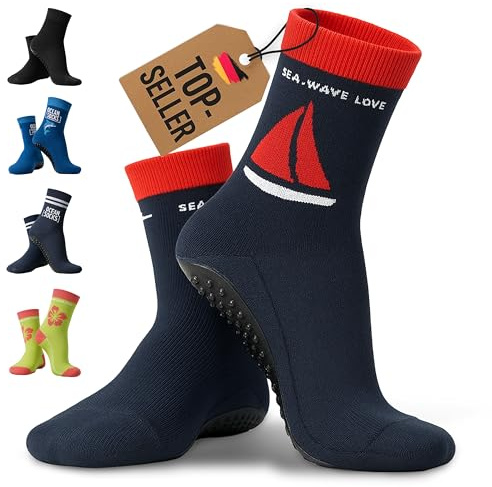 OceanSocks + EXTRA Tasche | rutschfeste Aqua-und Beachsocken für Strand, Wasser, Wattwanderung, Boot & Boards, Damen, Herren, Kinder,Schiff, 23-26