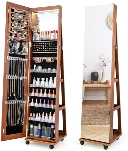 COSTWAY Schmuckschrank mit Rollen, Spiegelschrank abschließbar mit LED-Leuchten & verstellbaren Ablagen, Standspiegel Schmuckregal Ganzkörperspiegel für Ketten, Ohrringe, Schminke (Braun)