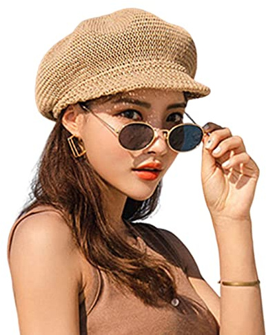 Peosaard Sombrero de Paja de Mujeres, Gorra Octogonal Transpirable, Gorra de periódico de Verano, Sombrero de Sol de la Playa de Punto de Paja con Cuerda Ajustable para Mujeres